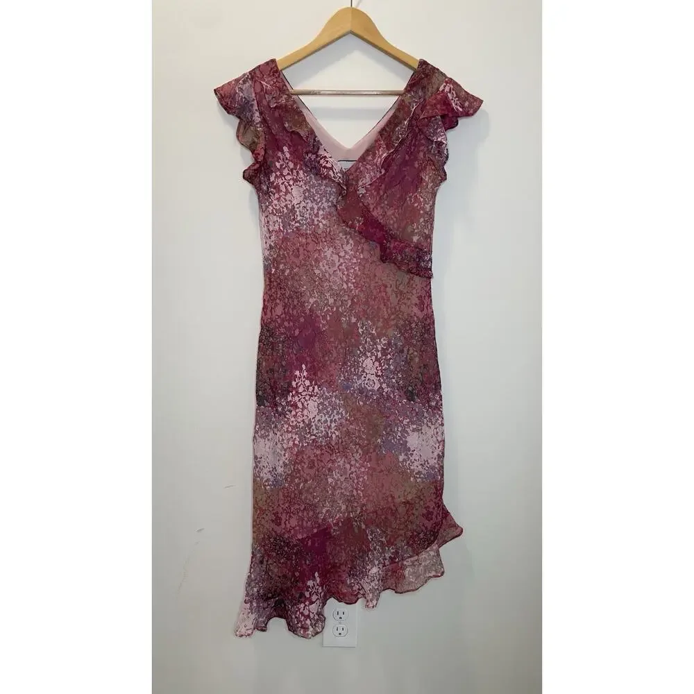 Breakin' Loose Y2K 90s Floral Ruffle V-Neck Asymetrical Midi Dress Pink Sz 9/10 - Picture 1 of 15